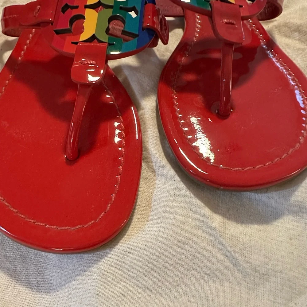 Tory Burch Miller Sandals Rainbow Logo Ruby Red Size 7.5 Limited Edition - Picture 5 of 8